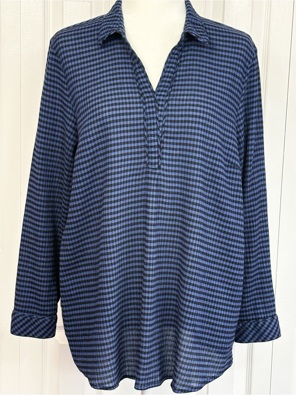 J. Jill Blue Gingham Plaid Check Long Sleeve Popover Blouse w/ Pockets LP